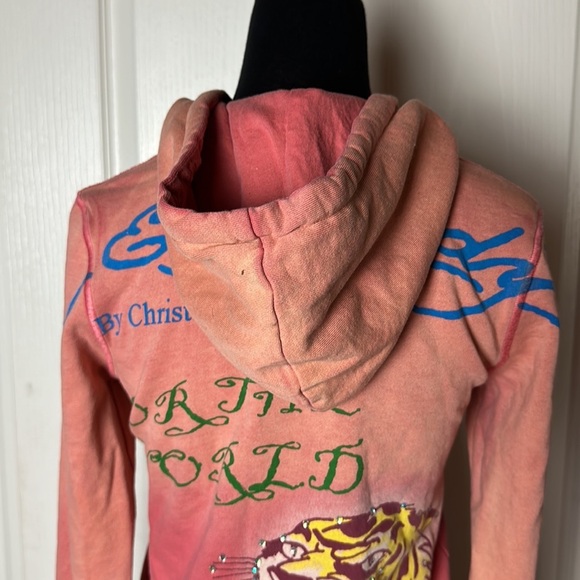 VTG y2K ED HARDY CHRISTIAN AUDIGIER PINK OMBRE CRYSTAL ZIP UP HOODIE - Picture 3 of 8